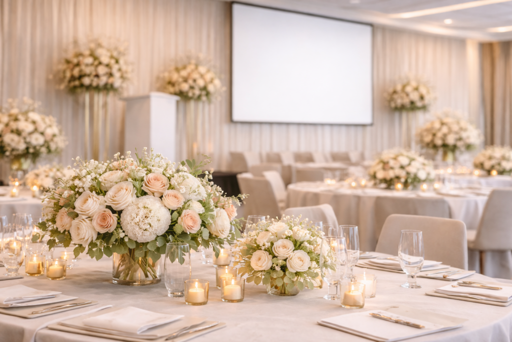 Elegant corporate event floral design in Florida with neutral centerpieces, candles, and refined table styling