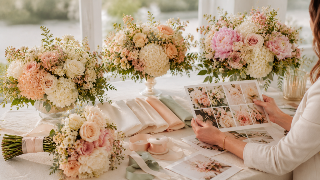 Wedding floral color palette with soft blush and ivory flowers by Acuarela Events